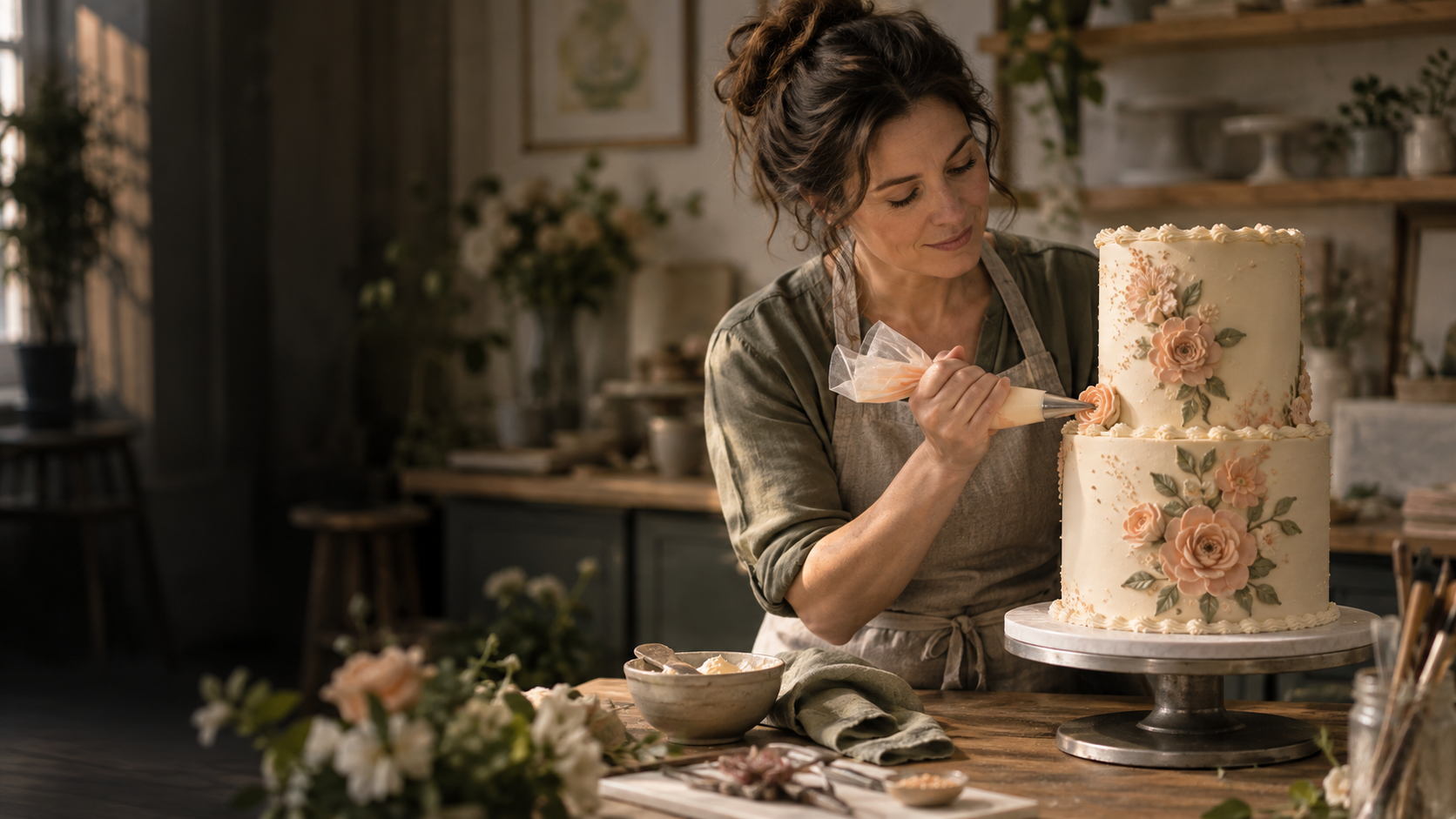 A cake decorator piping flowers onto a celebration cake