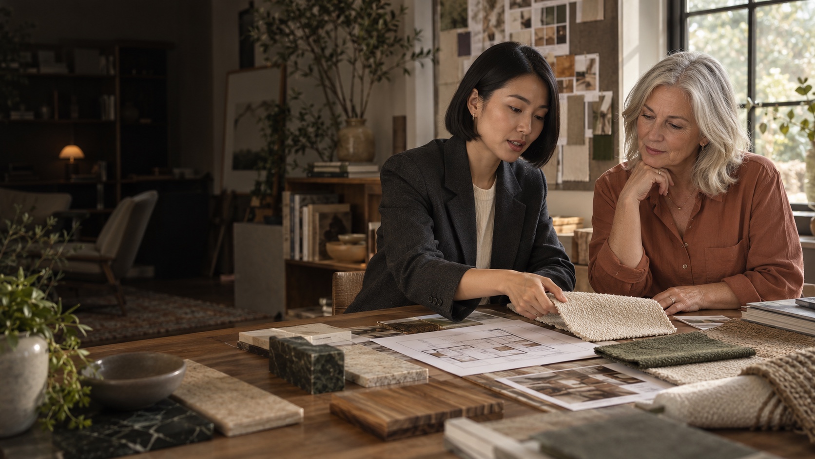 An interior designer reviewing fabrics with a client
