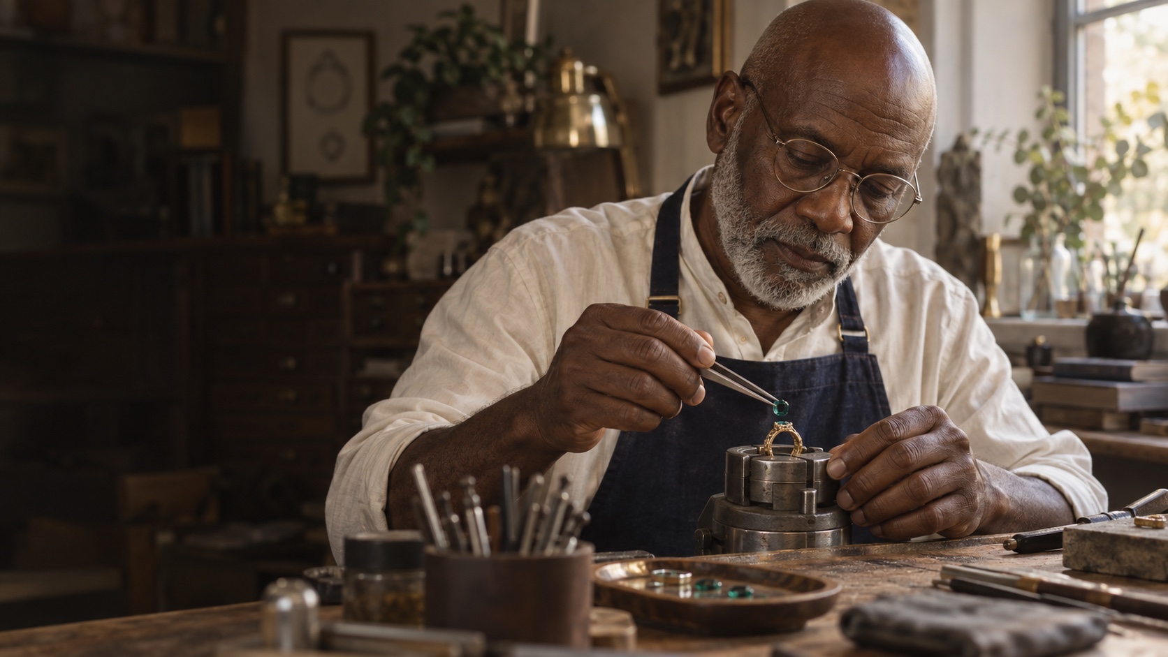 A jeweler setting a gemstone in a ring
